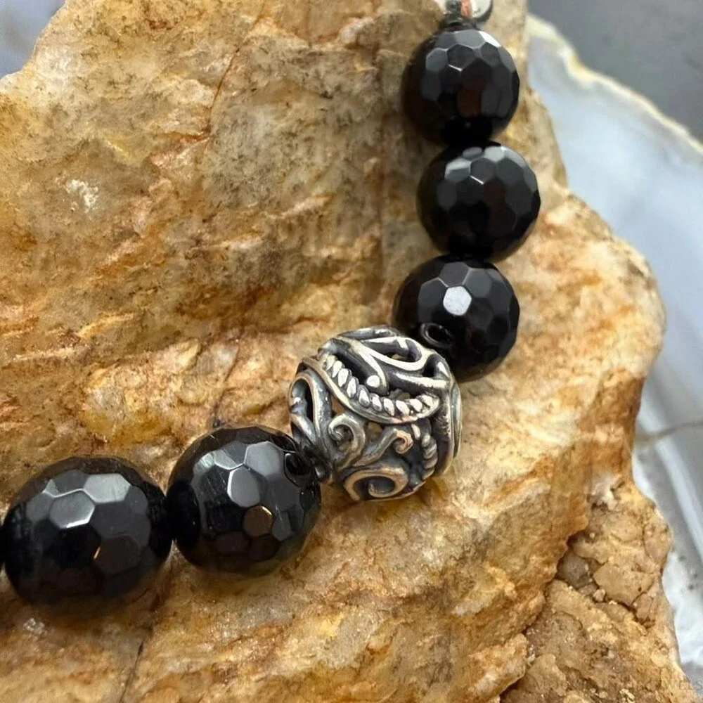 Carolyn Pollack Sterling Silver 6 Faceted Onyx w/Swirl Beads 15